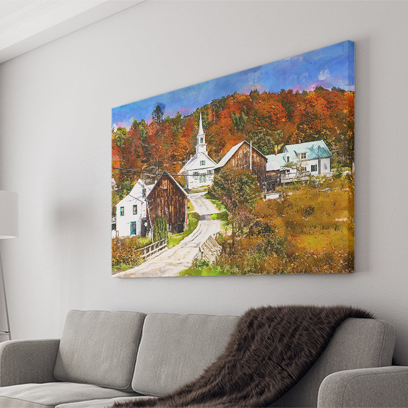 Rural Vermont Usa Waits River Village City Art Watercolor Canvas Prints Wall Art Home Decor, Large Canvas