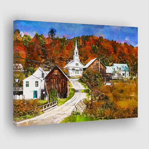 Rural Vermont Usa Waits River Village City Art Watercolor Canvas Prints Wall Art Home Decor, Large Canvas