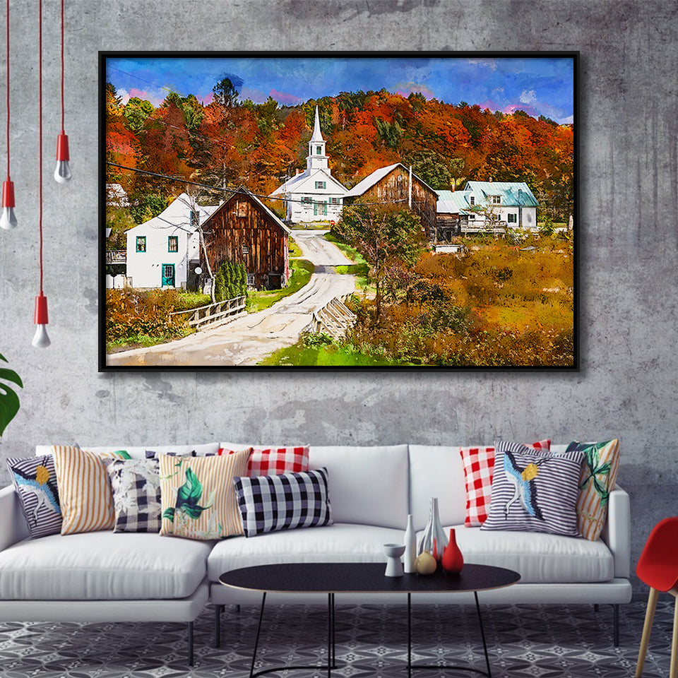 Rural Vermont Usa Waits River Village City Art Watercolor Framed Canvas Prints Wall Art Home Decor,Floating Frame