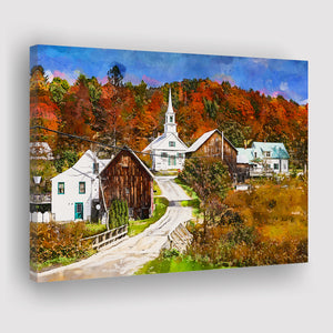 Rural Vermont Usa Waits River Village City Art Watercolor Canvas Prints Wall Art Home Decor, Large Canvas