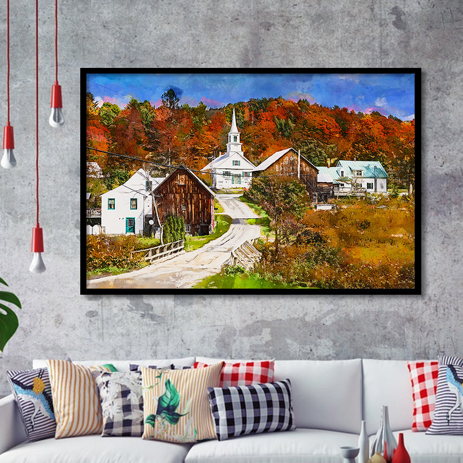 Rural Vermont Usa Waits River Village City Art Watercolor Framed Art Prints Wall Art Decor,Framed Picture