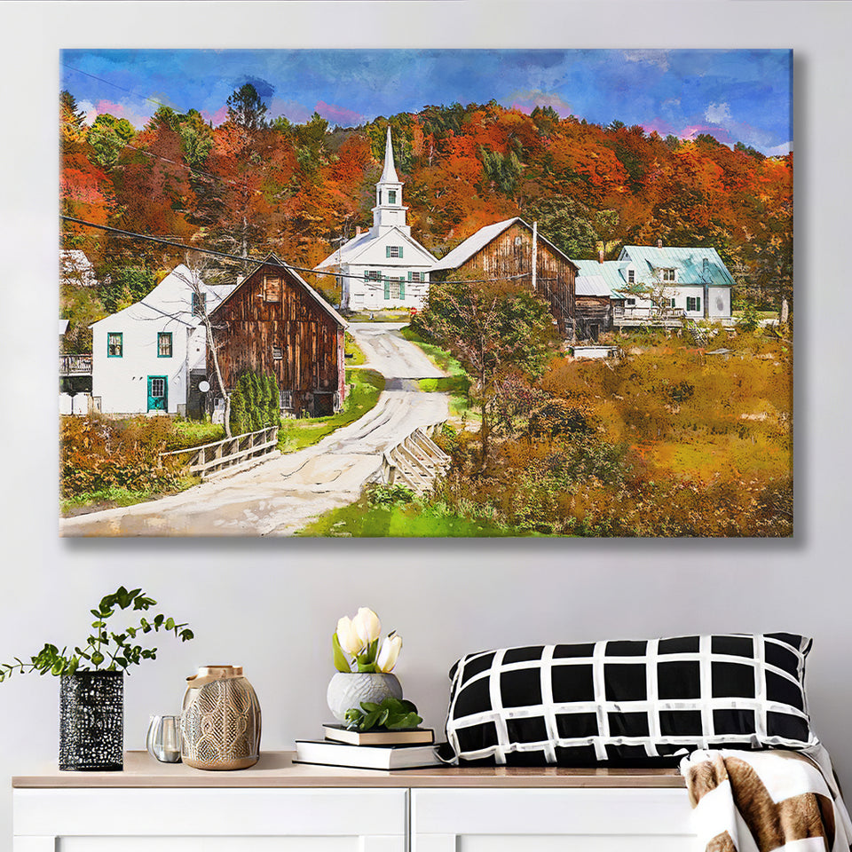 Rural Vermont Usa Waits River Village City Art Watercolor Canvas Prints Wall Art Home Decor, Large Canvas