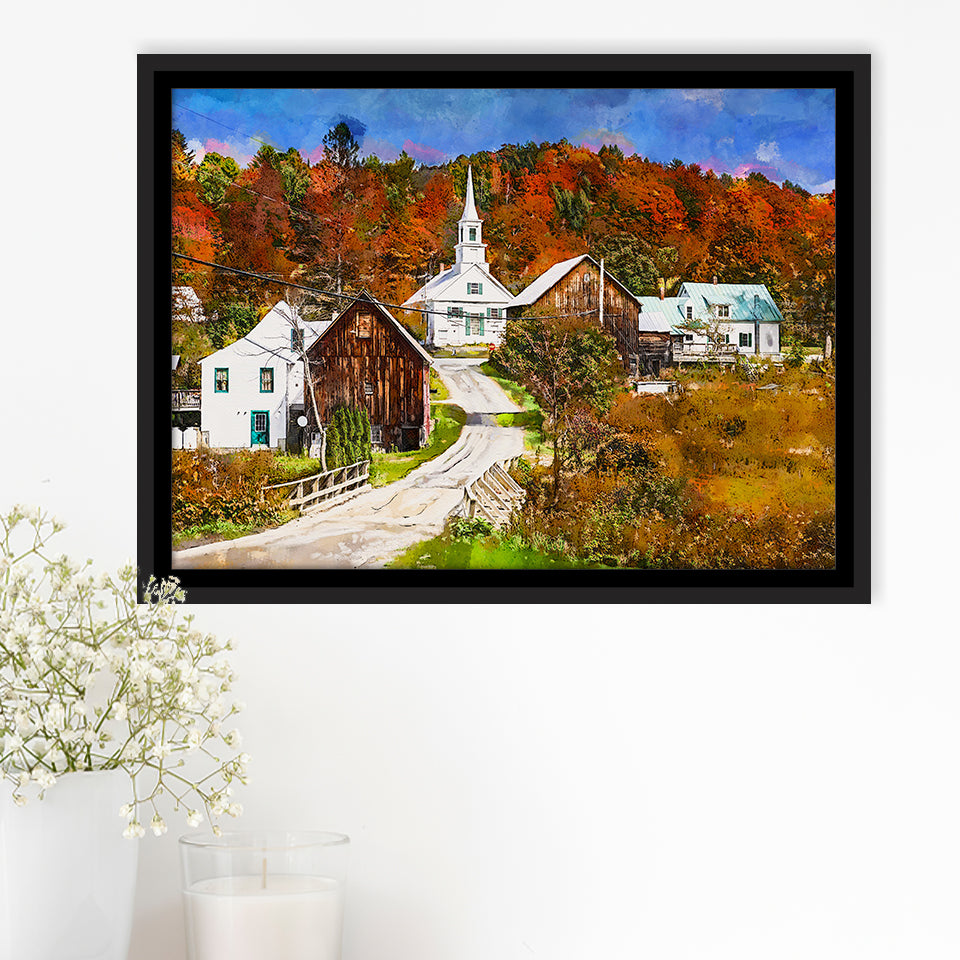 Rural Vermont Usa Waits River Village City Art Watercolor Framed Canvas Prints Wall Art Home Decor,Floating Frame