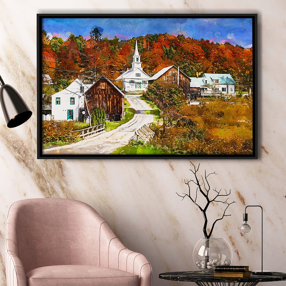 Rural Vermont Usa Waits River Village City Art Watercolor Framed Canvas Prints Wall Art Home Decor,Floating Frame