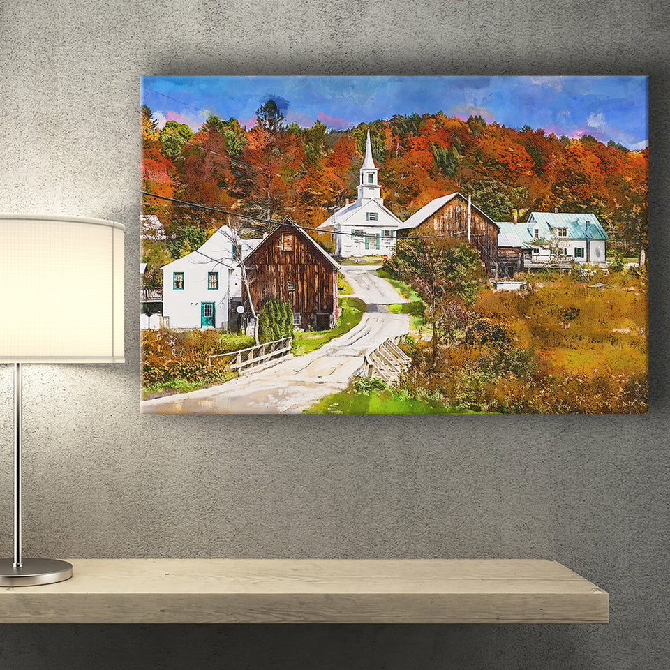 Rural Vermont Usa Waits River Village City Art Watercolor Canvas Prints Wall Art Home Decor, Large Canvas