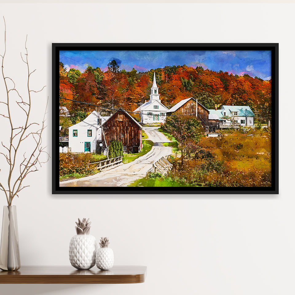 Rural Vermont Usa Waits River Village City Art Watercolor Framed Canvas Prints Wall Art Home Decor,Floating Frame