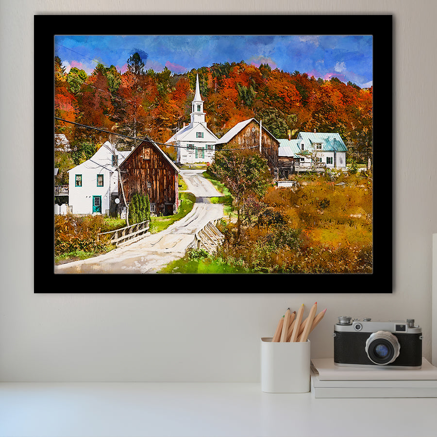 Rural Vermont Usa Waits River Village City Art Watercolor Framed Art Prints Wall Art Decor,Framed Picture