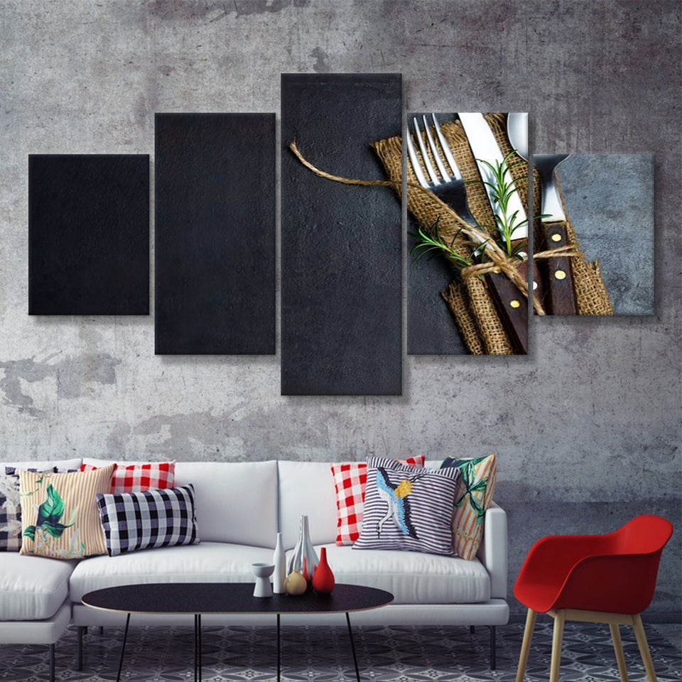 Rustic Vintage Set Of Cutlery Knife Spoon Fork 5 Pieces Canvas Prints Wall Art - Painting Canvas, Multi Panels, Wall Decor