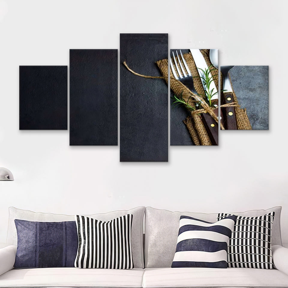 Rustic Vintage Set Of Cutlery Knife Spoon Fork 5 Pieces Canvas Prints Wall Art - Painting Canvas, Multi Panels, Wall Decor