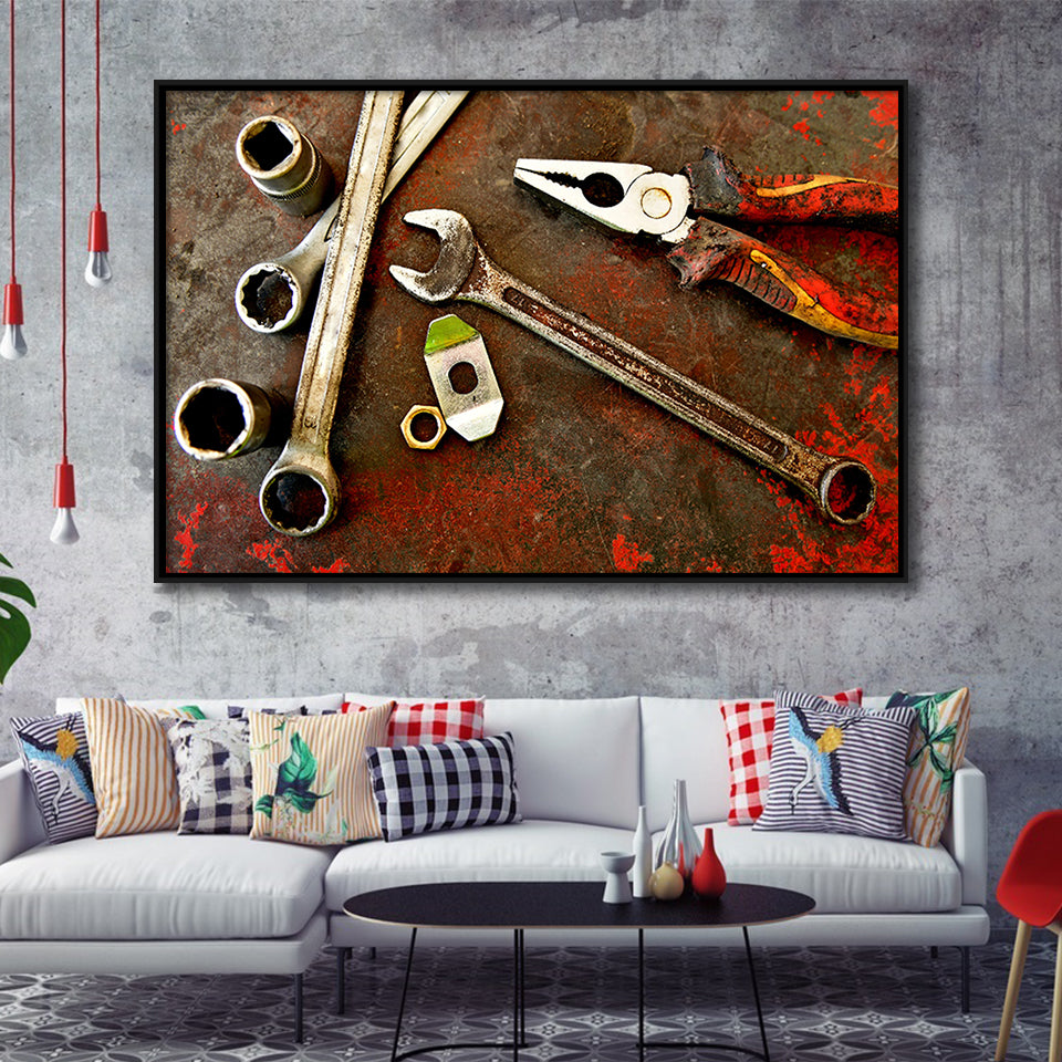 Rusty Toolst Old Tools Canvas Print Mechanic Gift Framed Canvas Prints Wall Art Decor, Framed Picture, Floating Frame