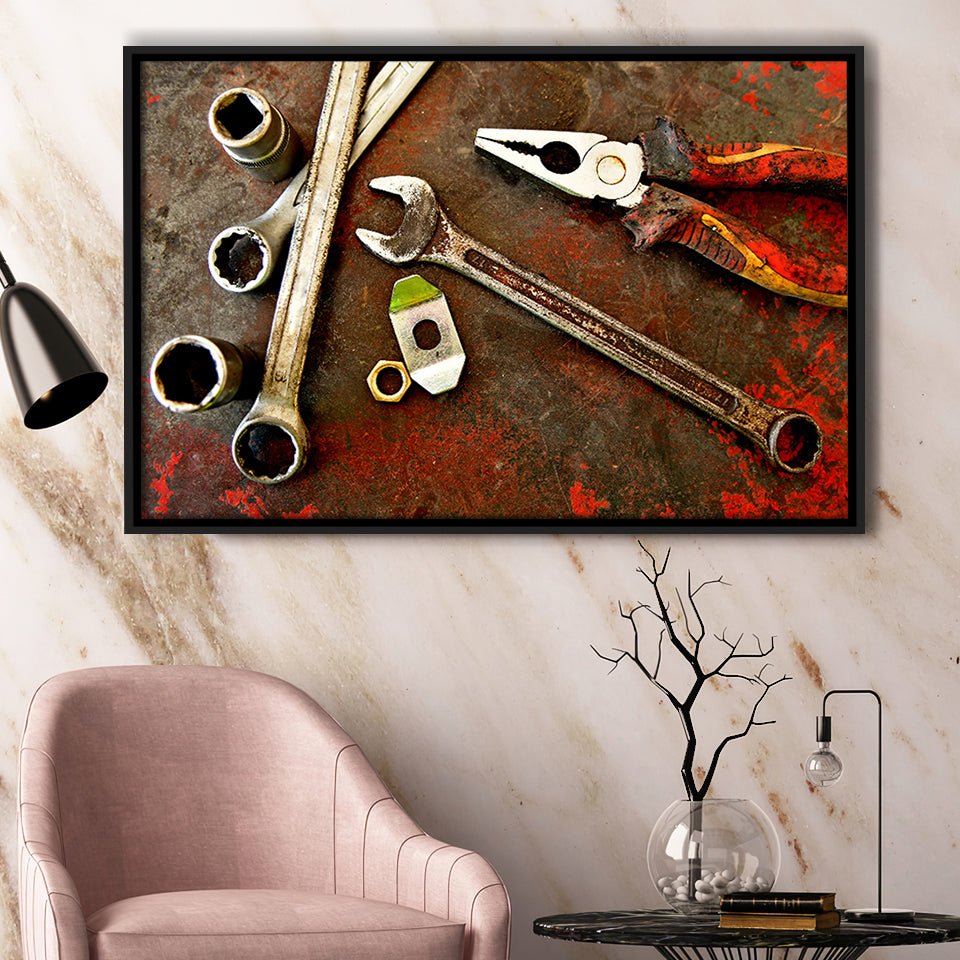 Rusty Toolst Old Tools Canvas Print Mechanic Gift Framed Canvas Prints Wall Art Decor, Framed Picture, Floating Frame