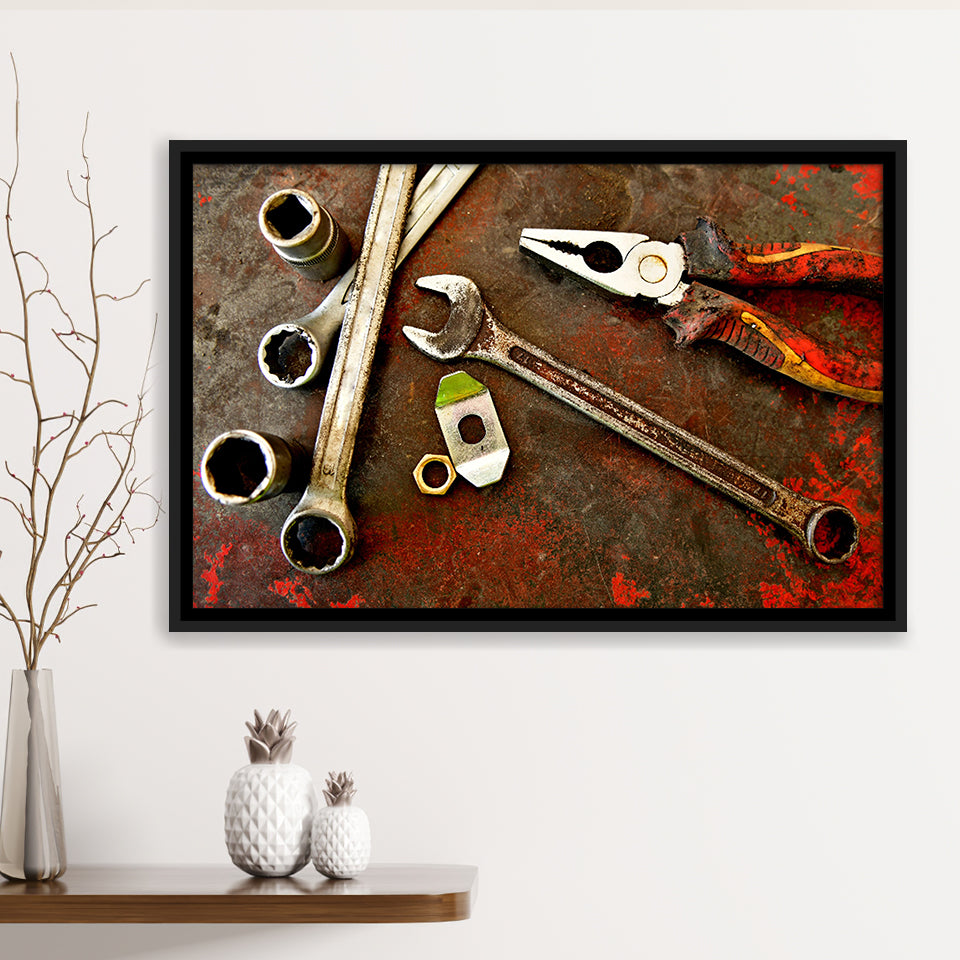 Rusty Toolst Old Tools Canvas Print Mechanic Gift Framed Canvas Prints Wall Art Decor, Framed Picture, Floating Frame