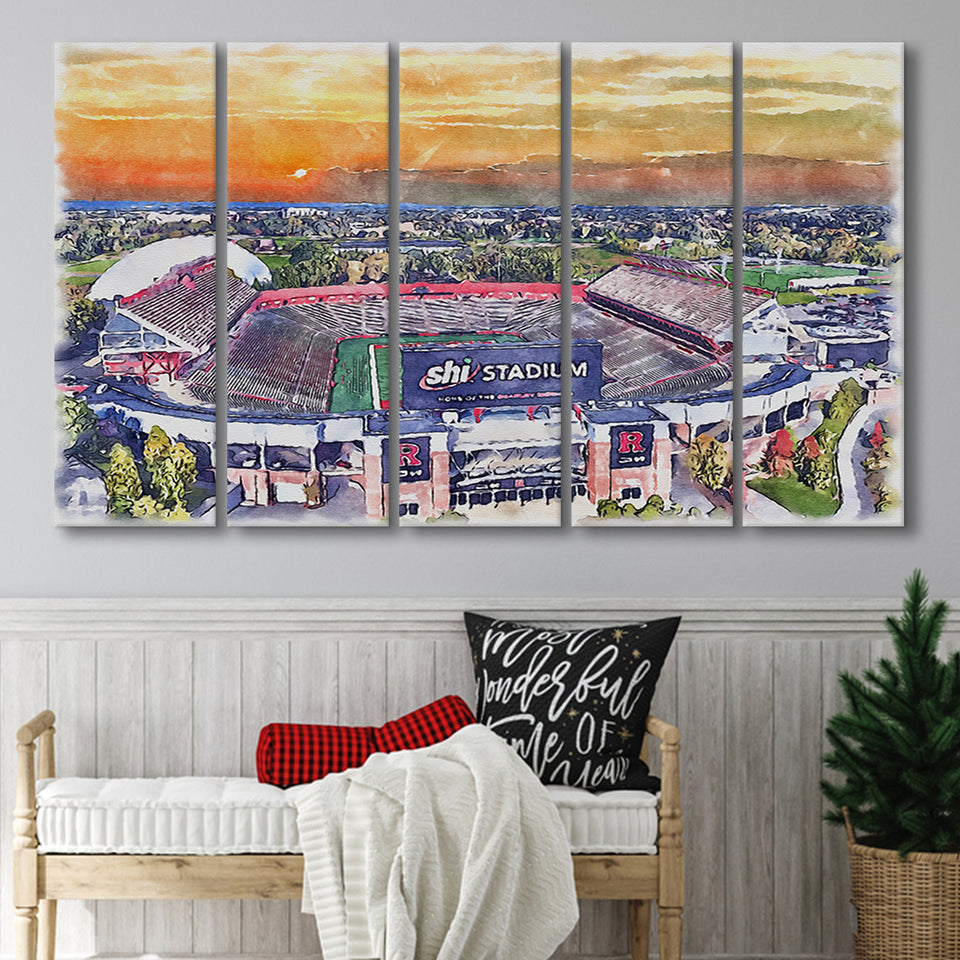 Rutgers Scarlet Knights SHI Stadium Watercolor, 5 Pieces B, Multi Panel Canvas Prints Wall Art Decor