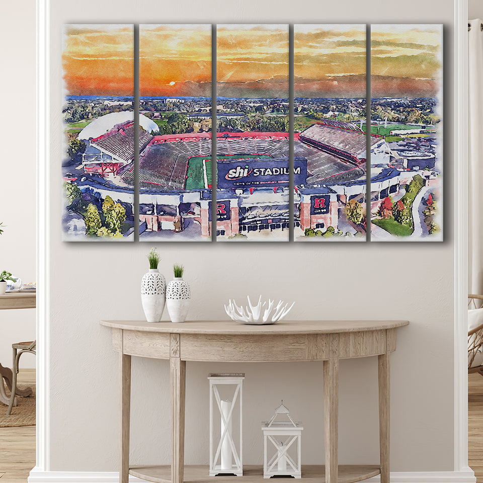 Rutgers Scarlet Knights SHI Stadium Watercolor, 5 Pieces B, Multi Panel Canvas Prints Wall Art Decor