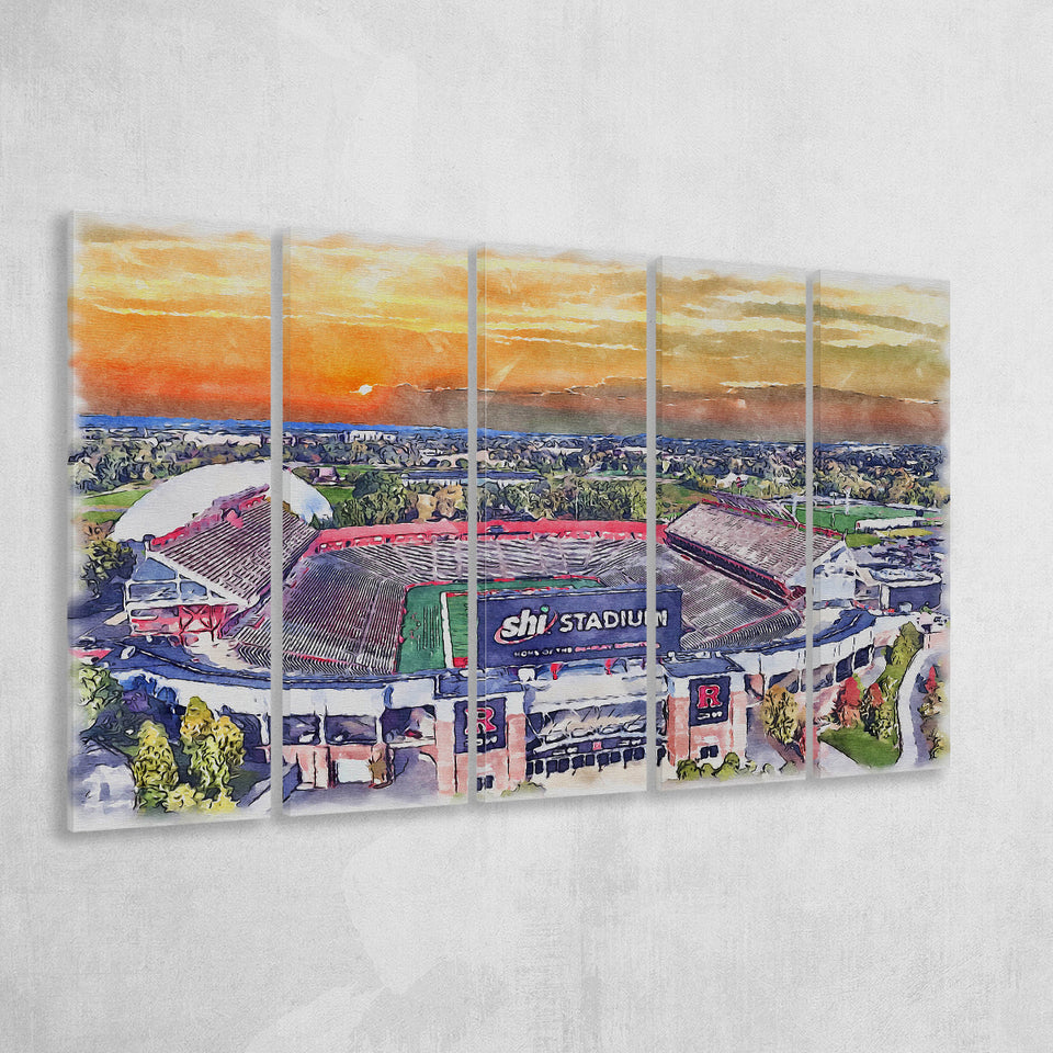 Rutgers Scarlet Knights SHI Stadium Watercolor, 5 Pieces B, Multi Panel Canvas Prints Wall Art Decor