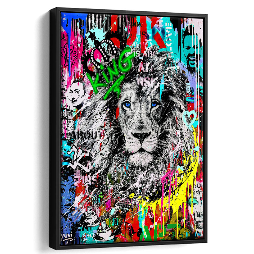 Serious Lion Graffiti Art Framed Canvas Prints Wall Art Decor - Painting Canvas, Floating Frame, Framed Picture