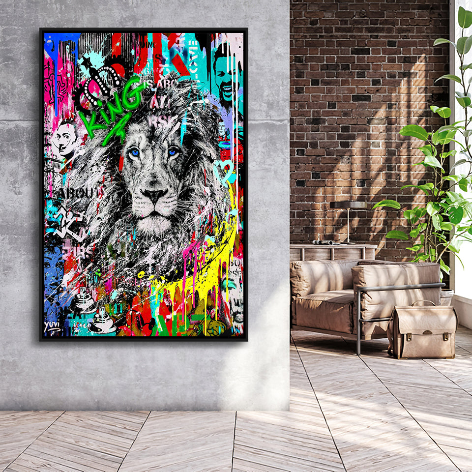 Serious Lion Graffiti Art Framed Canvas Prints Wall Art Decor - Painting Canvas, Floating Frame, Framed Picture