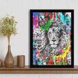 Serious Lion Graffiti Art Framed Canvas Prints Wall Art Decor - Painting Canvas, Floating Frame, Framed Picture