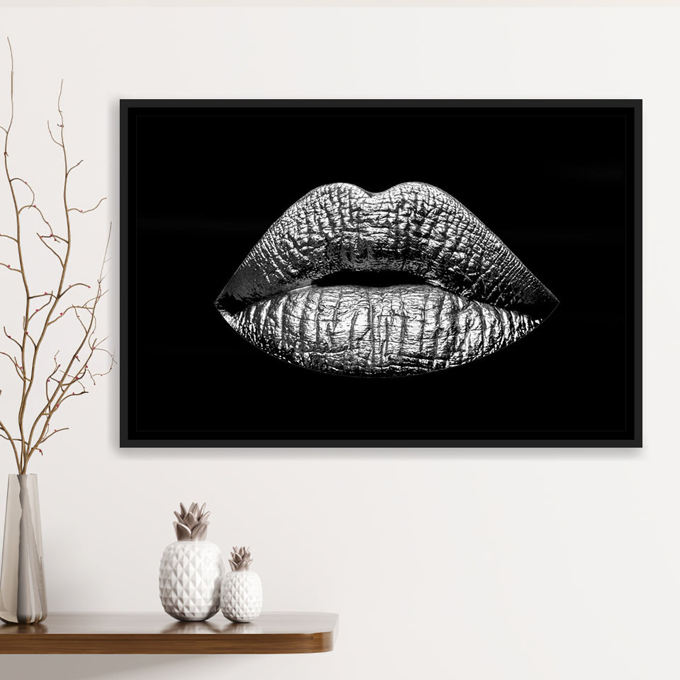 Silver Lips Framed Canvas Prints Wall Art Home Decor - Painting Canvas, Black Frame, Framed Picture