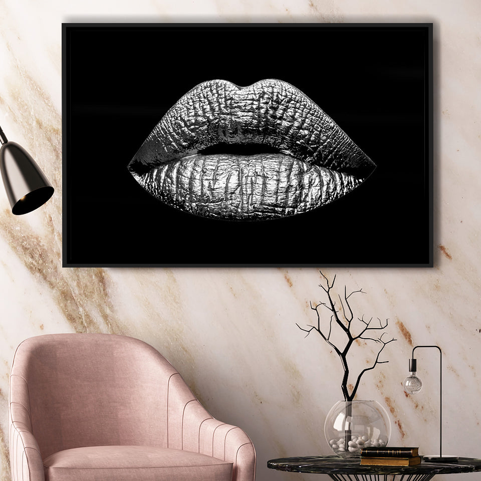 Silver Lips Framed Canvas Prints Wall Art Home Decor - Painting Canvas, Black Frame, Framed Picture