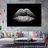 Silver Lips Framed Canvas Prints Wall Art Home Decor - Painting Canvas, Black Frame, Framed Picture
