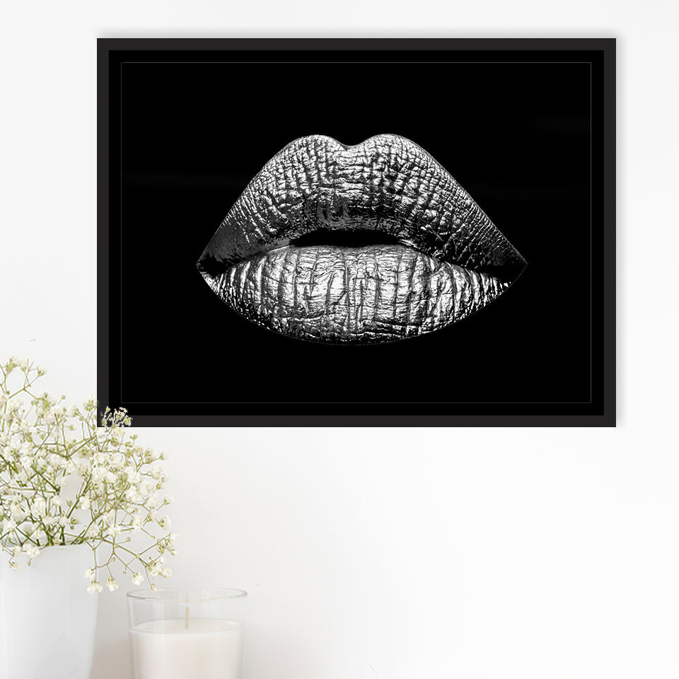 Silver Lips Framed Canvas Prints Wall Art Home Decor - Painting Canvas, Black Frame, Framed Picture