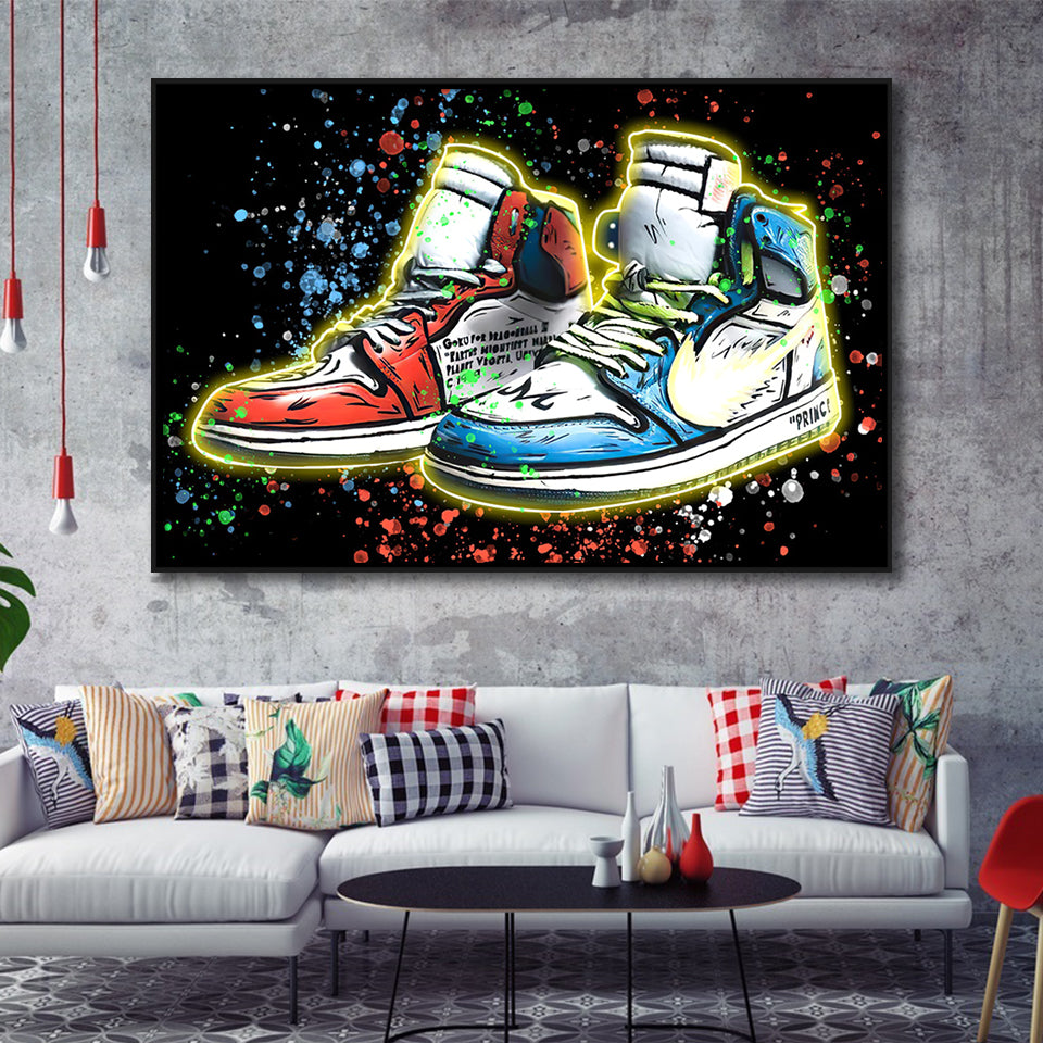 Sneakers Neon Colorful Painting Framed Canvas Prints Wall Art - Painting Canvas, Wall Decor, Canvas Art, Floating Frame