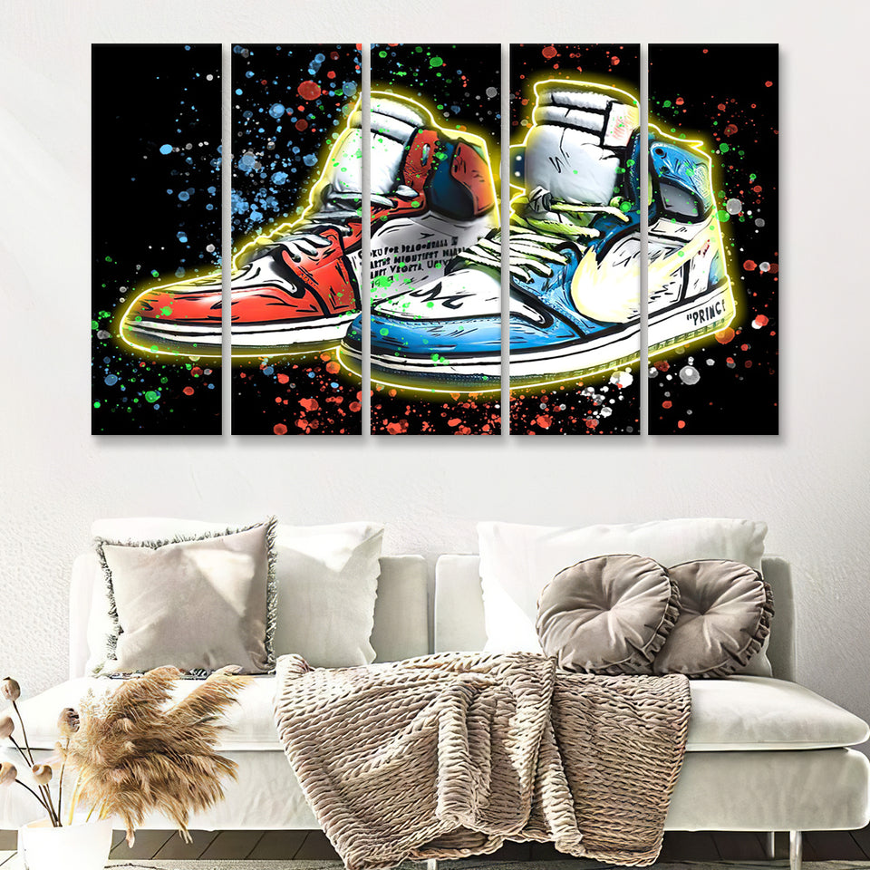 Sneakers Neon Colorful Painting 5 Pieces B Canvas Prints Wall Art - Painting Canvas, Multi Panel, Wall Decor, Canvas Art