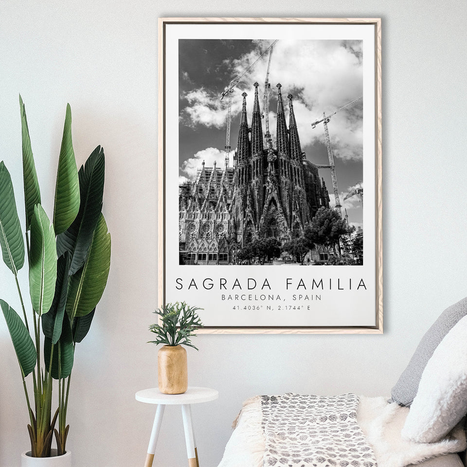 Sagrada Familia Barcelona Spain Black And White Art Framed Canvas Prints Wall Art Home Decor, Floating Frame