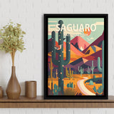 Saguaro National Park Retro Art Print, Large Canvas, Framed Canvas Print Wall Art Home Decor, Floating Frame