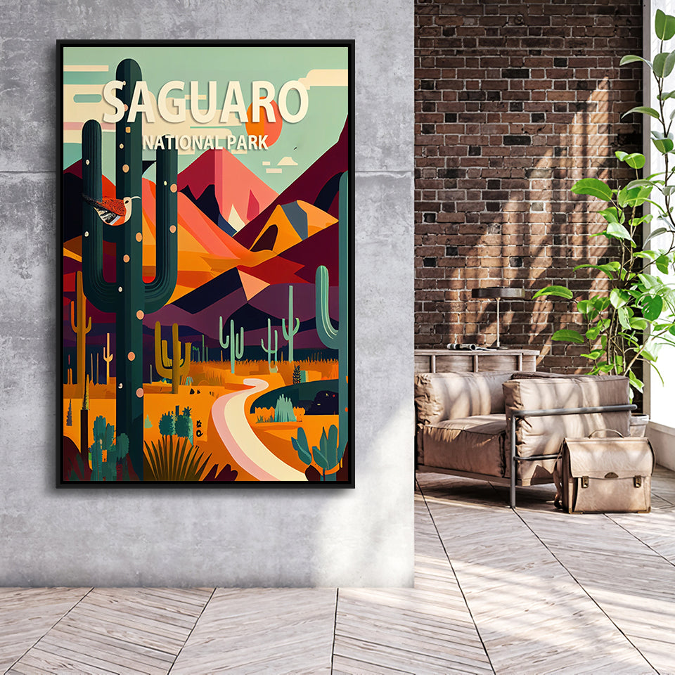 Saguaro National Park Retro Art Print, Large Canvas, Framed Canvas Print Wall Art Home Decor, Floating Frame
