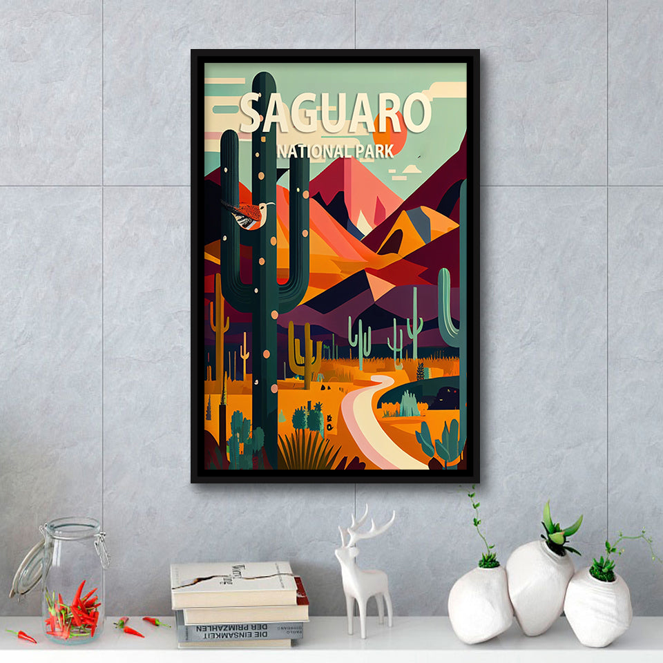 Saguaro National Park Retro Art Print, Large Canvas, Framed Canvas Print Wall Art Home Decor, Floating Frame