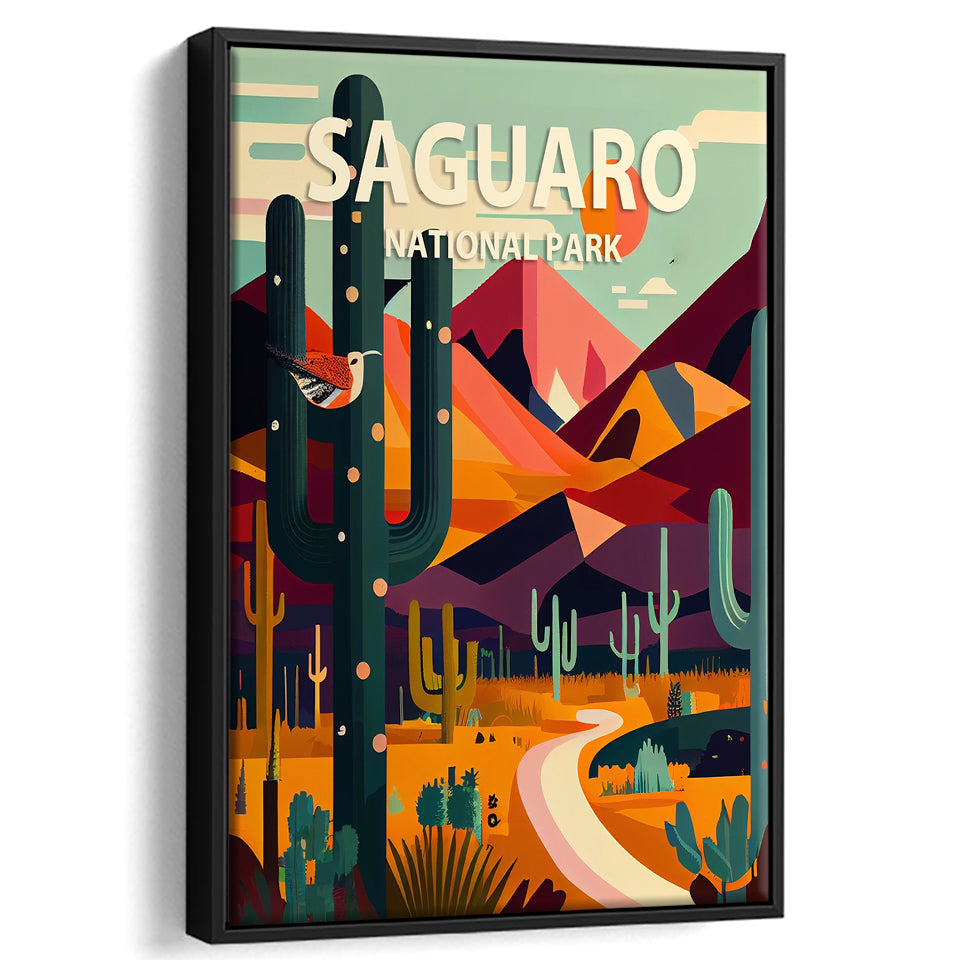 Saguaro National Park Retro Art Print, Large Canvas, Framed Canvas Print Wall Art Home Decor, Floating Frame