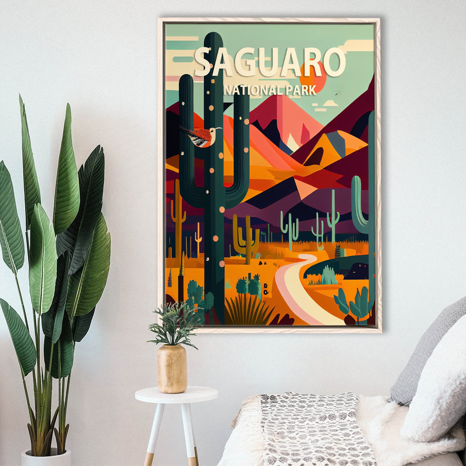 Saguaro National Park Retro Art Print, Large Canvas, Framed Canvas Print Wall Art Home Decor, Floating Frame