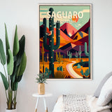 Saguaro National Park Retro Art Print, Large Canvas, Framed Canvas Print Wall Art Home Decor, Floating Frame