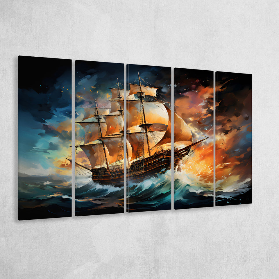 Sailboat In The Sunset Painting 5 Panels B Canvas Prints Wall Art Home Decor, Extra Large Canvas