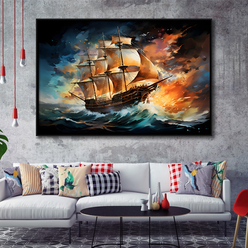 Sailboat In The Sunset Painting Framed Canvas Prints Wall Art Home Decor, Painting Canvas, Floating Frame
