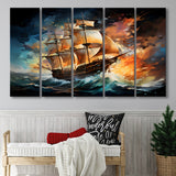 Sailboat In The Sunset Painting 5 Panels B Canvas Prints Wall Art Home Decor, Extra Large Canvas