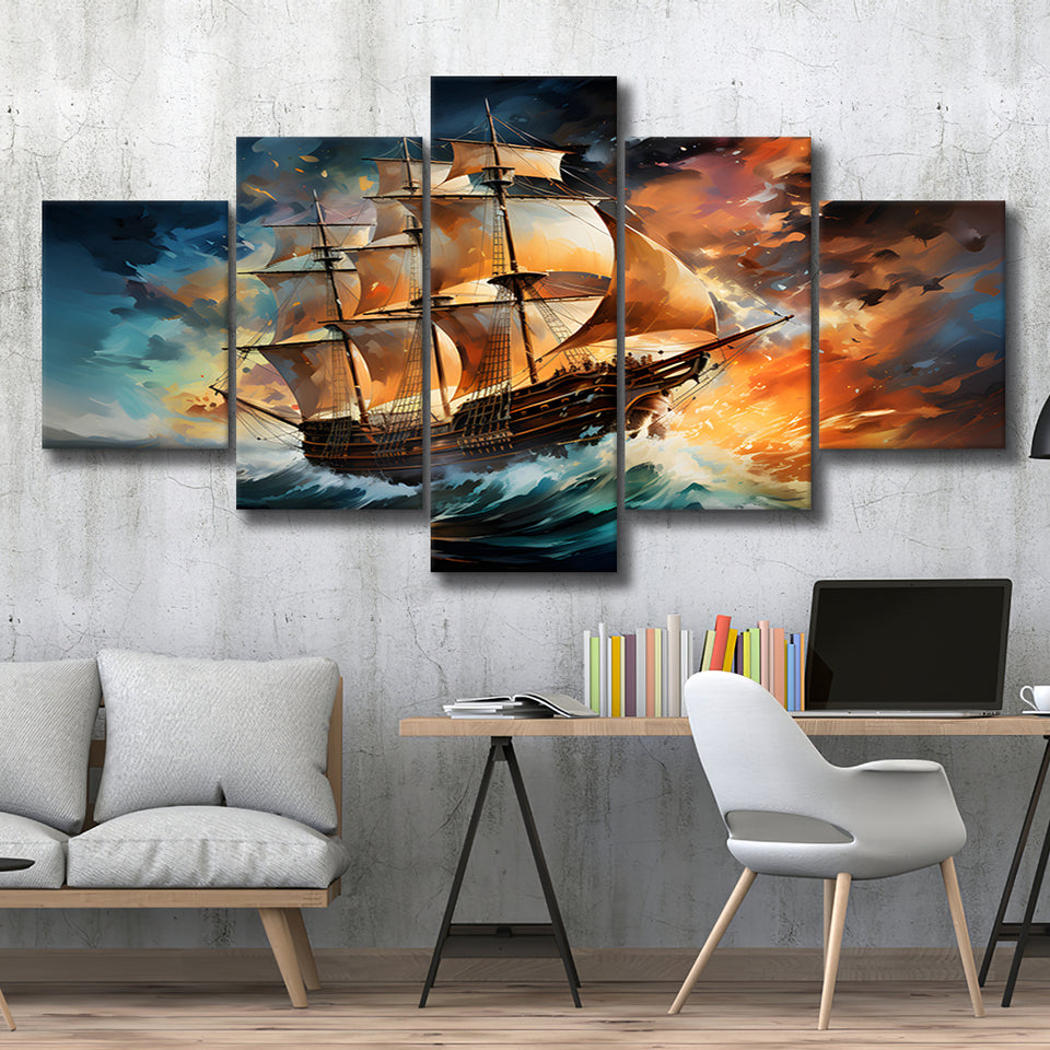 Sailboat In The Sunset Painting 5 Panels Canvas Prints Wall Art Home Decor, Large Mixed Canvas