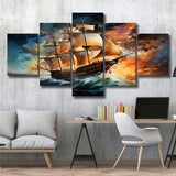 Sailboat In The Sunset Painting 5 Panels Canvas Prints Wall Art Home Decor, Large Mixed Canvas