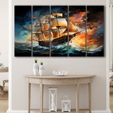 Sailboat In The Sunset Painting 5 Panels B Canvas Prints Wall Art Home Decor, Extra Large Canvas