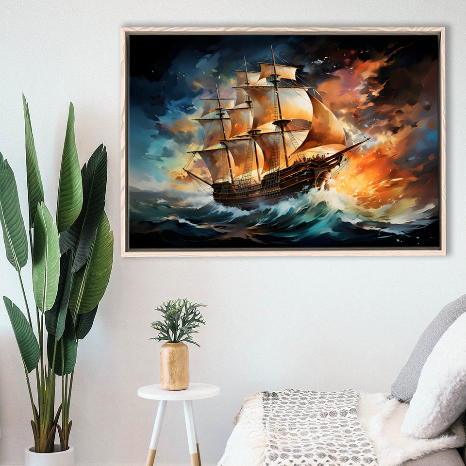 Sailboat In The Sunset Painting Framed Canvas Prints Wall Art Home Decor, Painting Canvas, Floating Frame