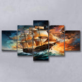 Sailboat In The Sunset Painting 5 Panels Canvas Prints Wall Art Home Decor, Large Mixed Canvas