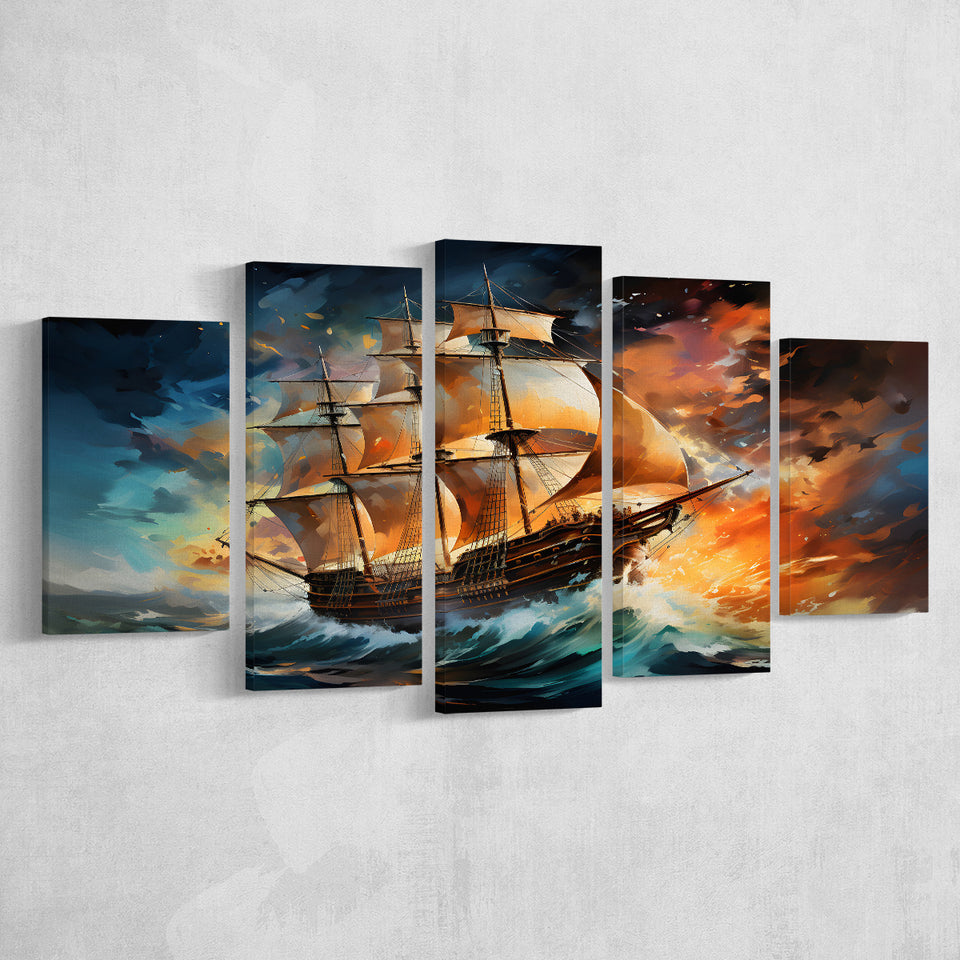 Sailboat In The Sunset Painting 5 Panels Canvas Prints Wall Art Home Decor, Large Mixed Canvas