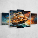 Sailboat In The Sunset Painting 5 Panels Canvas Prints Wall Art Home Decor, Large Mixed Canvas