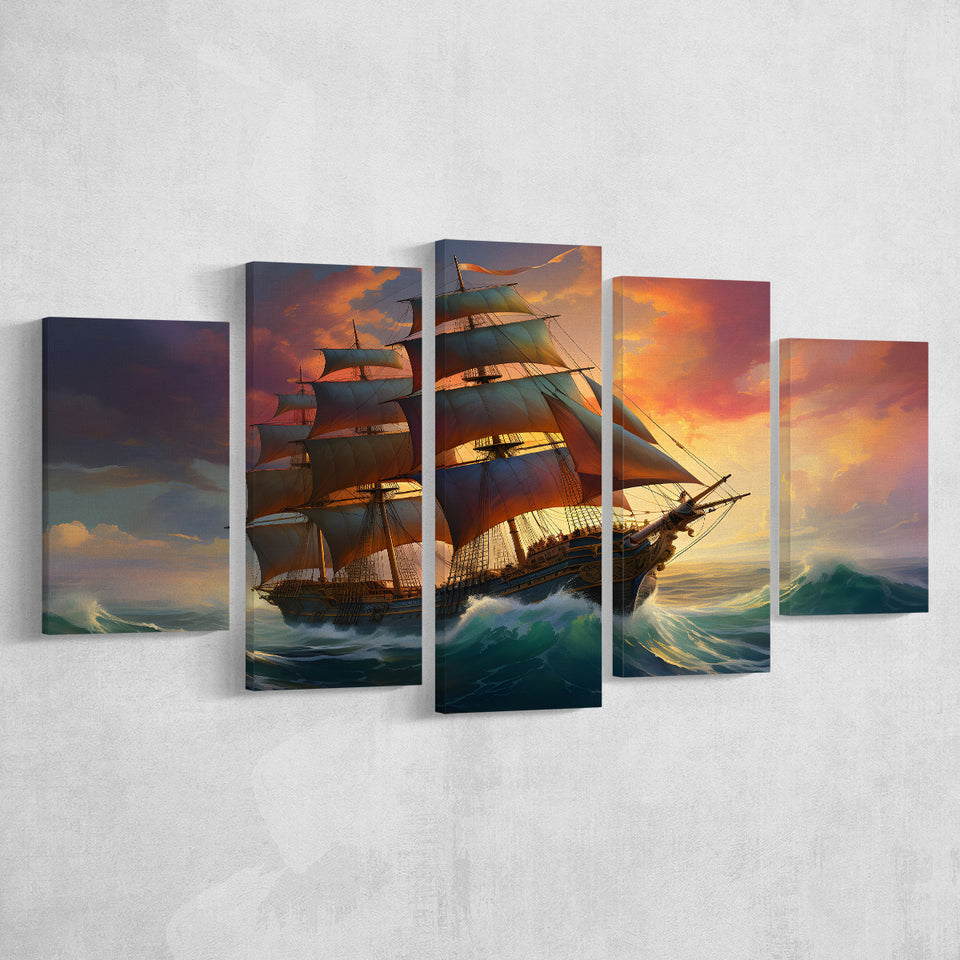 Sailboat In The Sunset 5 Panels Canvas Prints Wall Art Home Decor, Large Mixed Canvas