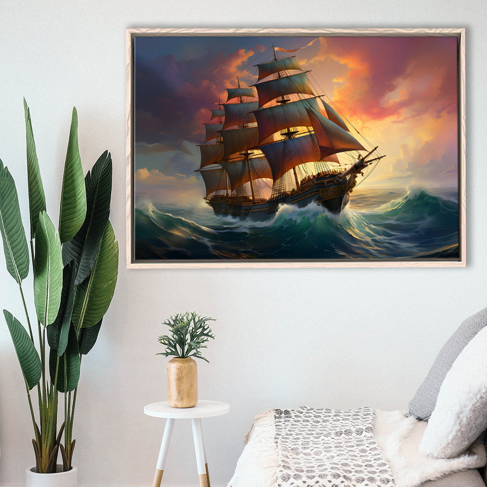Sailboat In The Sunset Framed Canvas Prints Wall Art Home Decor, Painting Canvas, Floating Frame