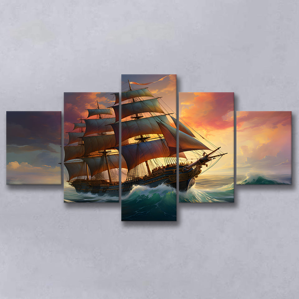 Sailboat In The Sunset 5 Panels Canvas Prints Wall Art Home Decor, Large Mixed Canvas