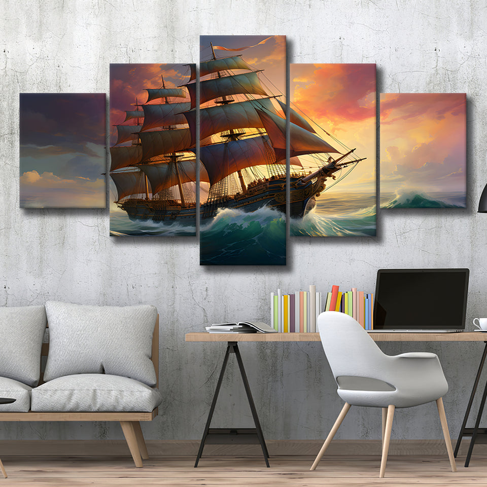 Sailboat In The Sunset 5 Panels Canvas Prints Wall Art Home Decor, Large Mixed Canvas