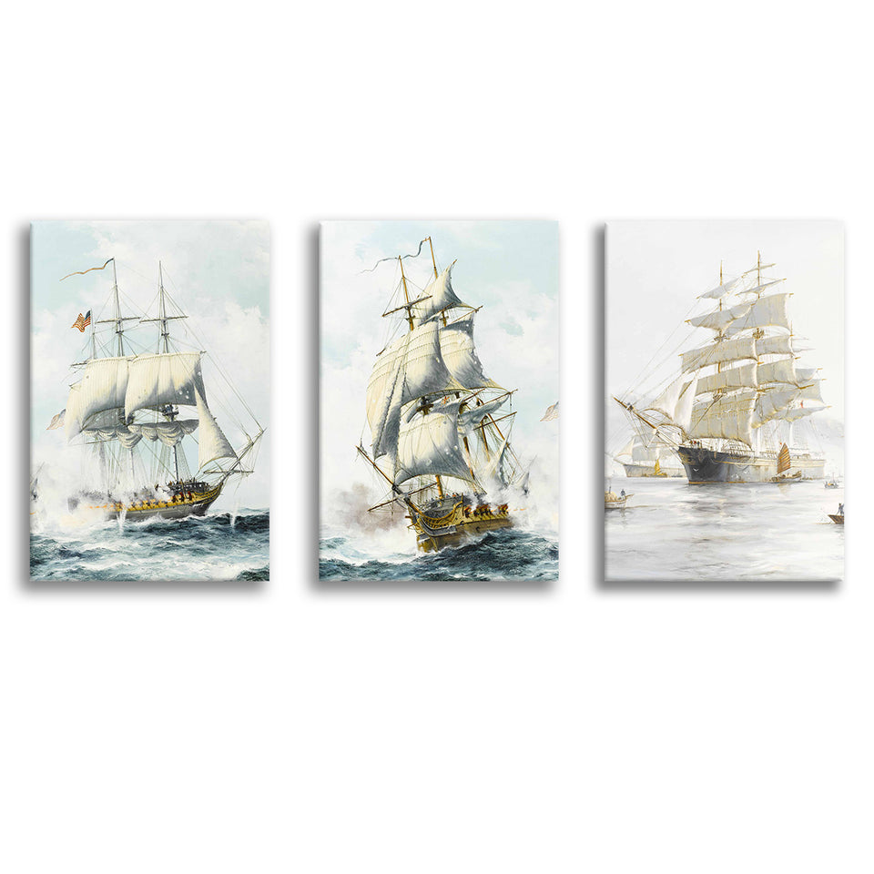 Sailboats Floating In The Sea Set of 3 Piece Canvas Prints Wall Art Decor